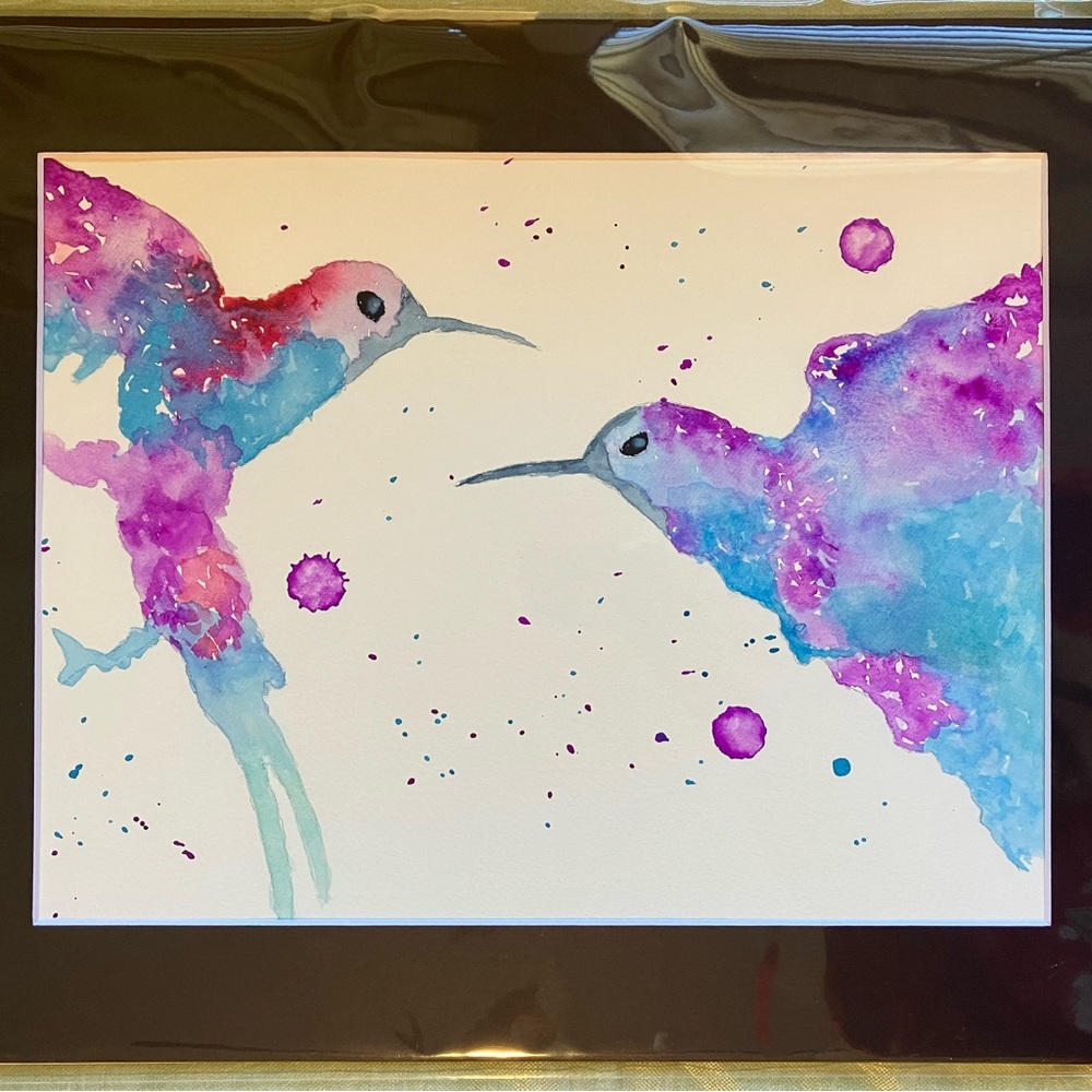 Watercolor Bird Wall Art Hummingbirds Painting Framed in Acid Free Art Kit